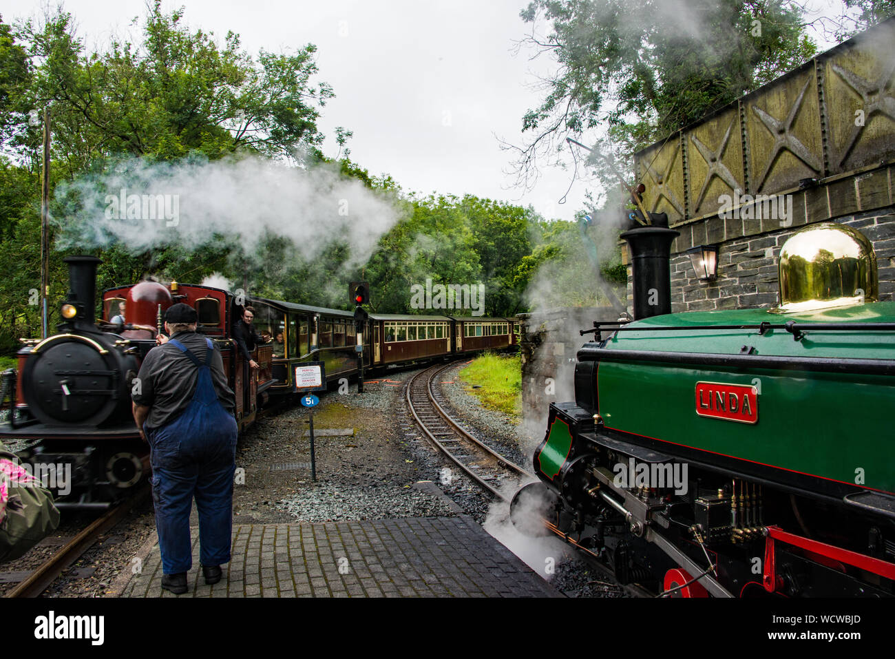 Il vapore traiins alla stazione Tanybwlch, Gwynedd, NW del Galles Foto Stock