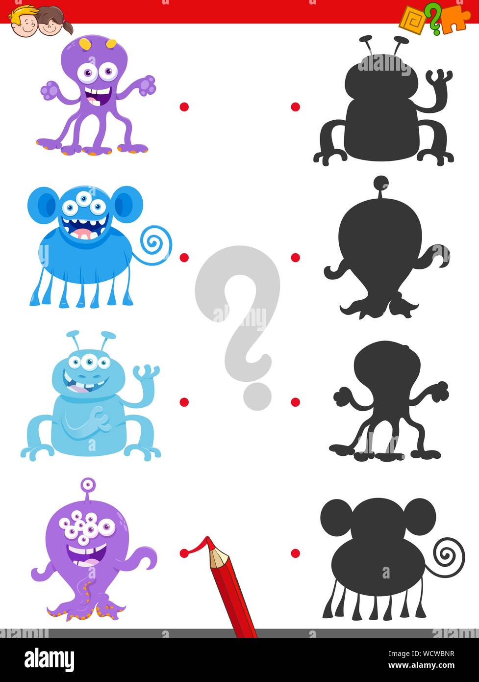 Cartoon illustrazione di unirsi a destra le ombre con immagini gioco educativo per bambini con felice mostri caratteri Illustrazione Vettoriale