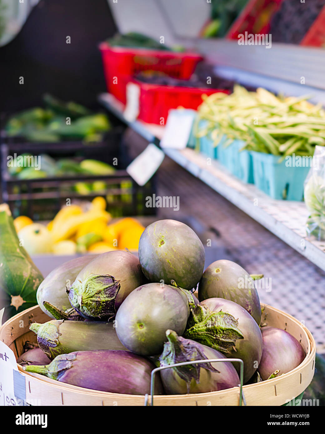 Bushel di impianto uovo ad una bancarella per la strada la vendita di prodotti freschi. Ulteriori ortaggi in background, compresi i fagioli, zucca gialla, e cetrioli Foto Stock