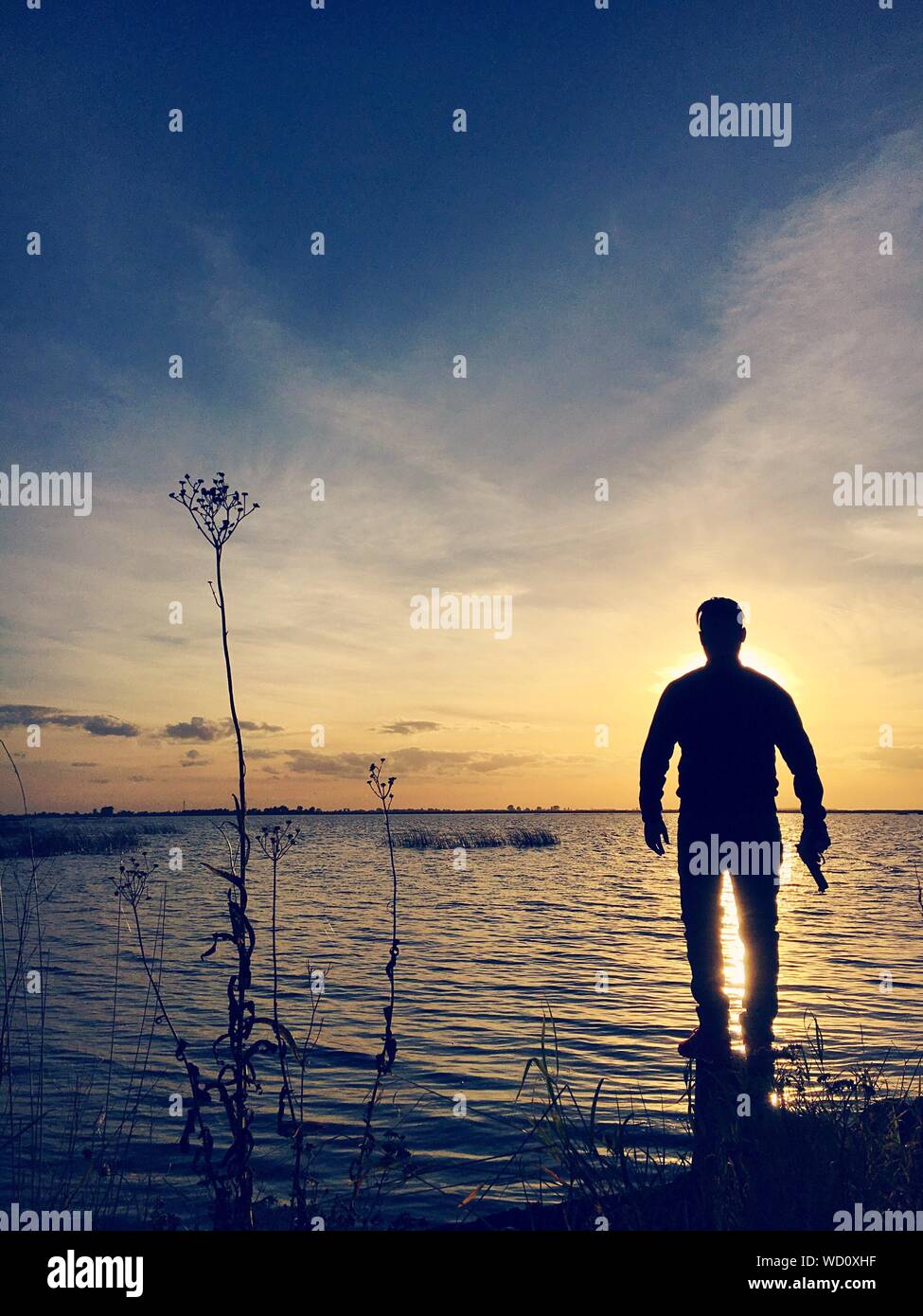 Silhouette uomo con la pistola in piedi sulla roccia nel lago contro il cielo durante il tramonto Foto Stock