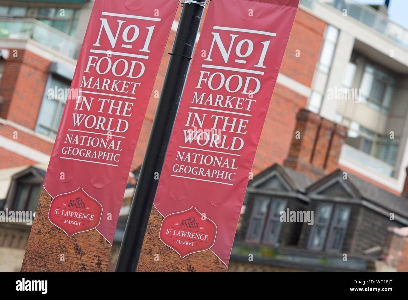 Mercato di San Lorenzo segno, Banner, n. 1 del mercato alimentare nel mondo, Toronto, Ontario, Canada Foto Stock