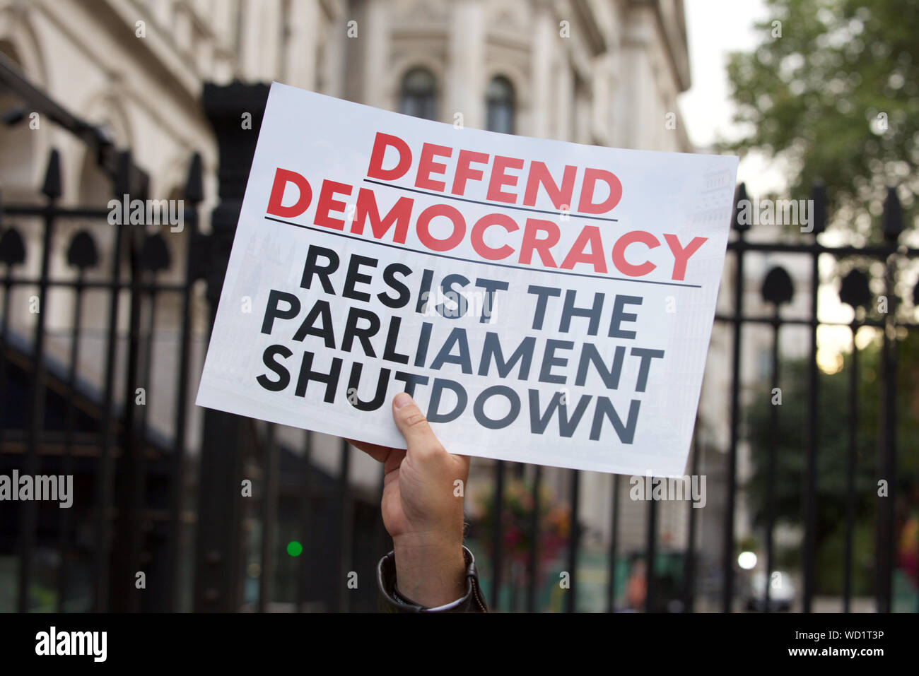 Londra, Regno Unito. 28 Agosto, 2019. Una protesta spontanea al di fuori di Downing St e la piazza del Parlamento, a Londra per la notizia che il Primo Ministro Johnson intende 'Prorogue' il parlamento del Regno Unito al culmine della crisi Brexit Credito: Gareth Morris/Alamy Live News Foto Stock