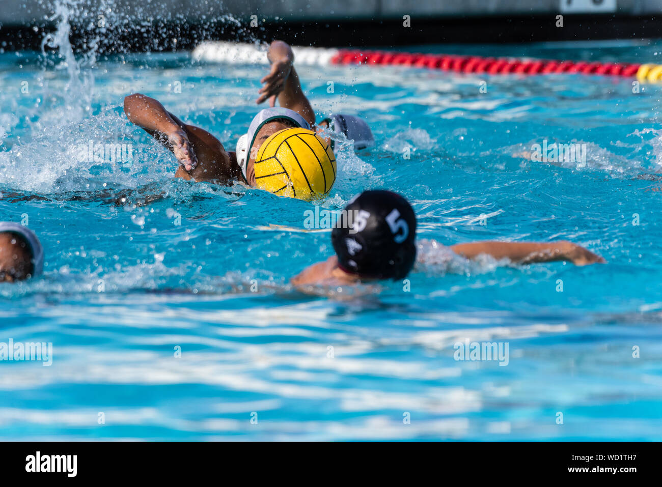 Acqua giocatore di polo in bianco uniforme intensamente nuoto mentre si controlla la palla con il giocatore in nero uniforme sulla difesa. Foto Stock