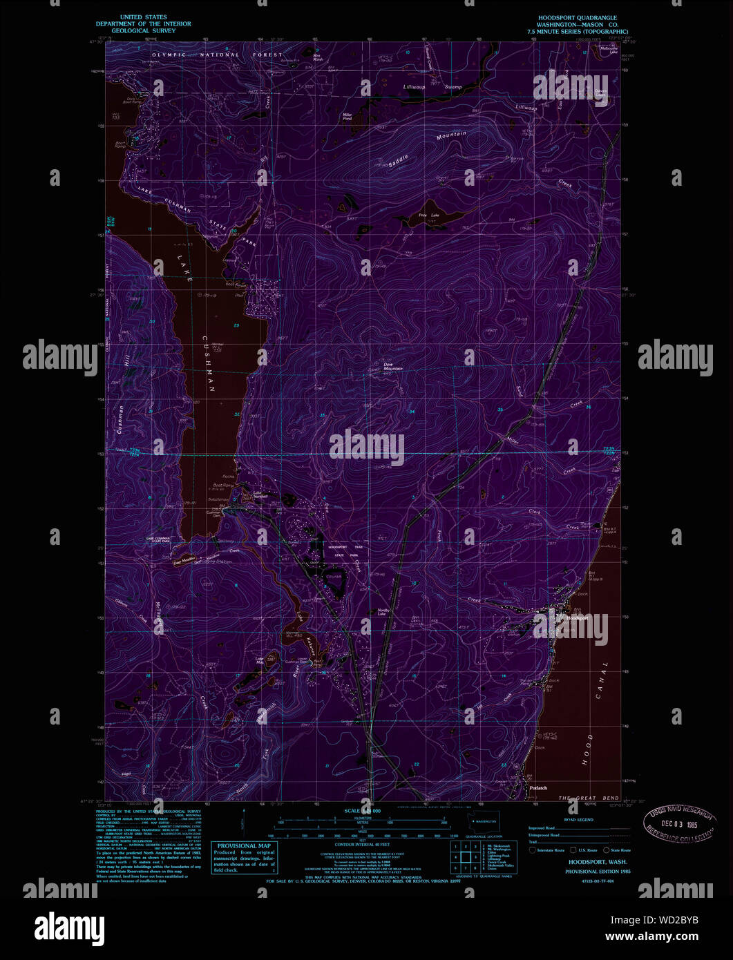 USGS TOPO Map Stato di Washington WA Hoodsport 241567 1985 24000 Restauro invertito Foto Stock