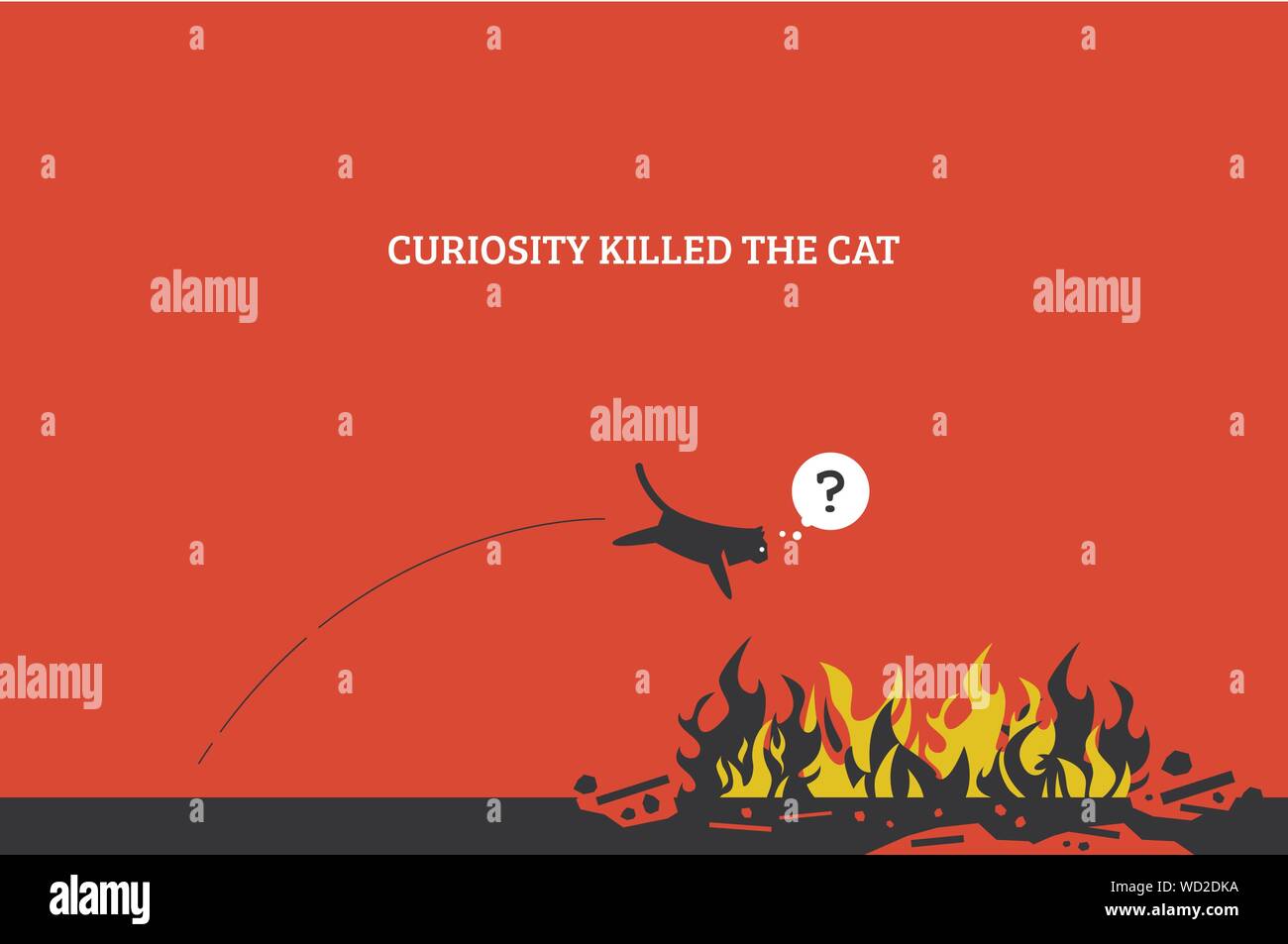 Curiosità uccide il gatto. Elementi di grafica vettoriale che mostra un gatto salto in un incendio e uccidere se stesso perché è curioso e vuole sapere che cosa è il fuoco. Illustrazione Vettoriale