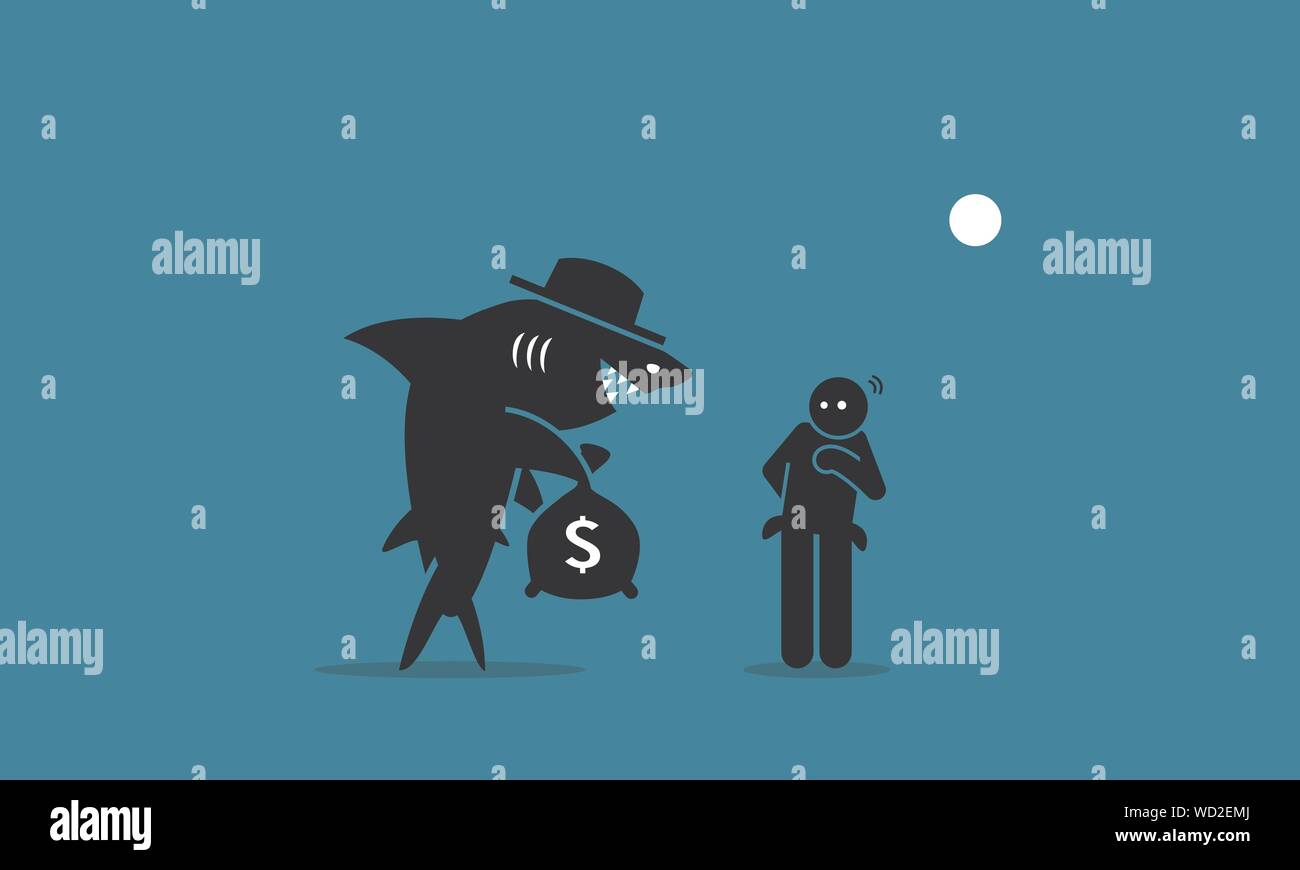 Squalo di prestito e un povero. Illustrazioni vettoriali raffigura uno squalo di prestito cercando di prestare denaro ad una persona che ha difficoltà finanziarie. L'uomo è esitato Illustrazione Vettoriale