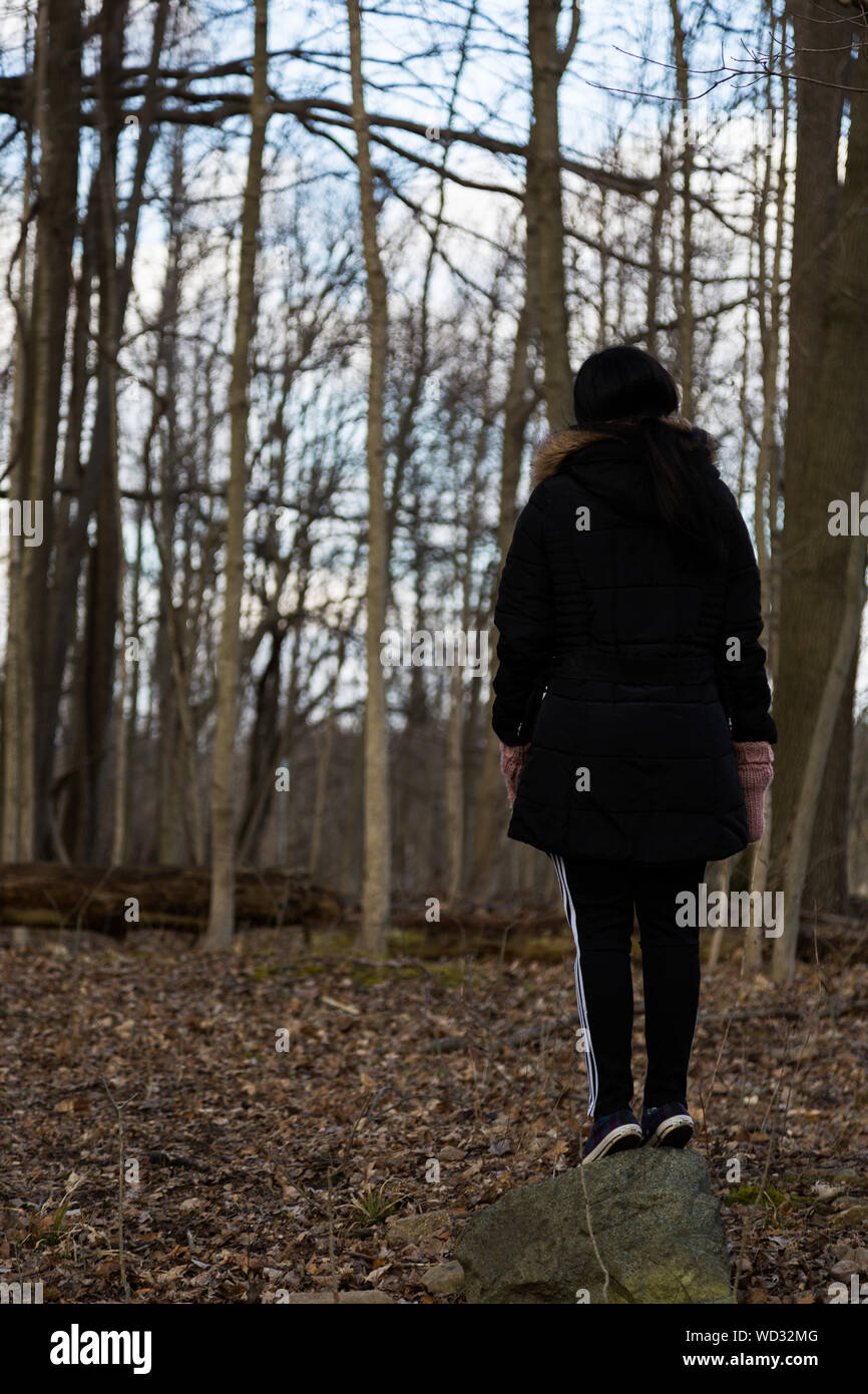 Una ragazza adolescente si erge su una roccia e guarda nella foresta al Metea County Park nella contea di Allen, Indiana, USA durante l'inverno. Foto Stock