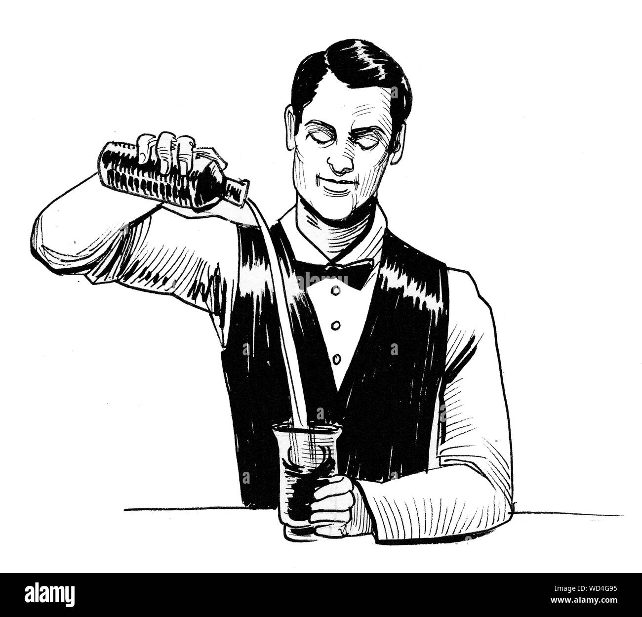 Barman facendo un cocktail alcoolico. L'inchiostro bianco e nero disegno Foto Stock