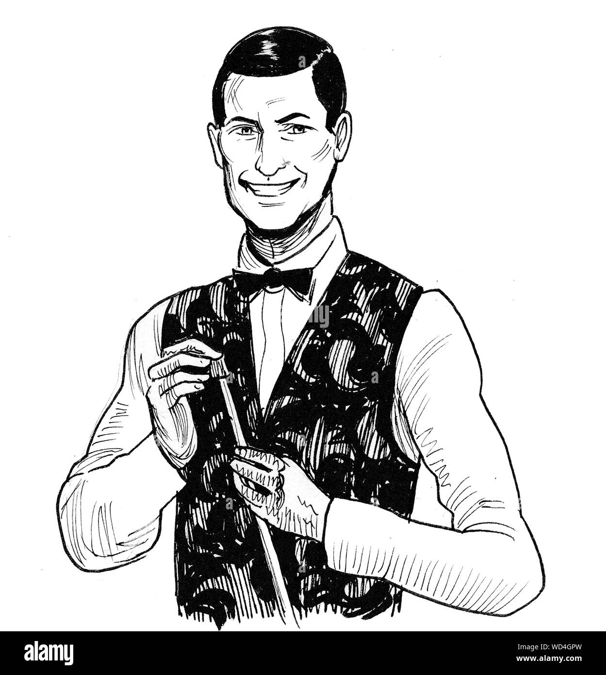 Gentleman giocando a biliardo. L'inchiostro bianco e nero illustrazione Foto Stock