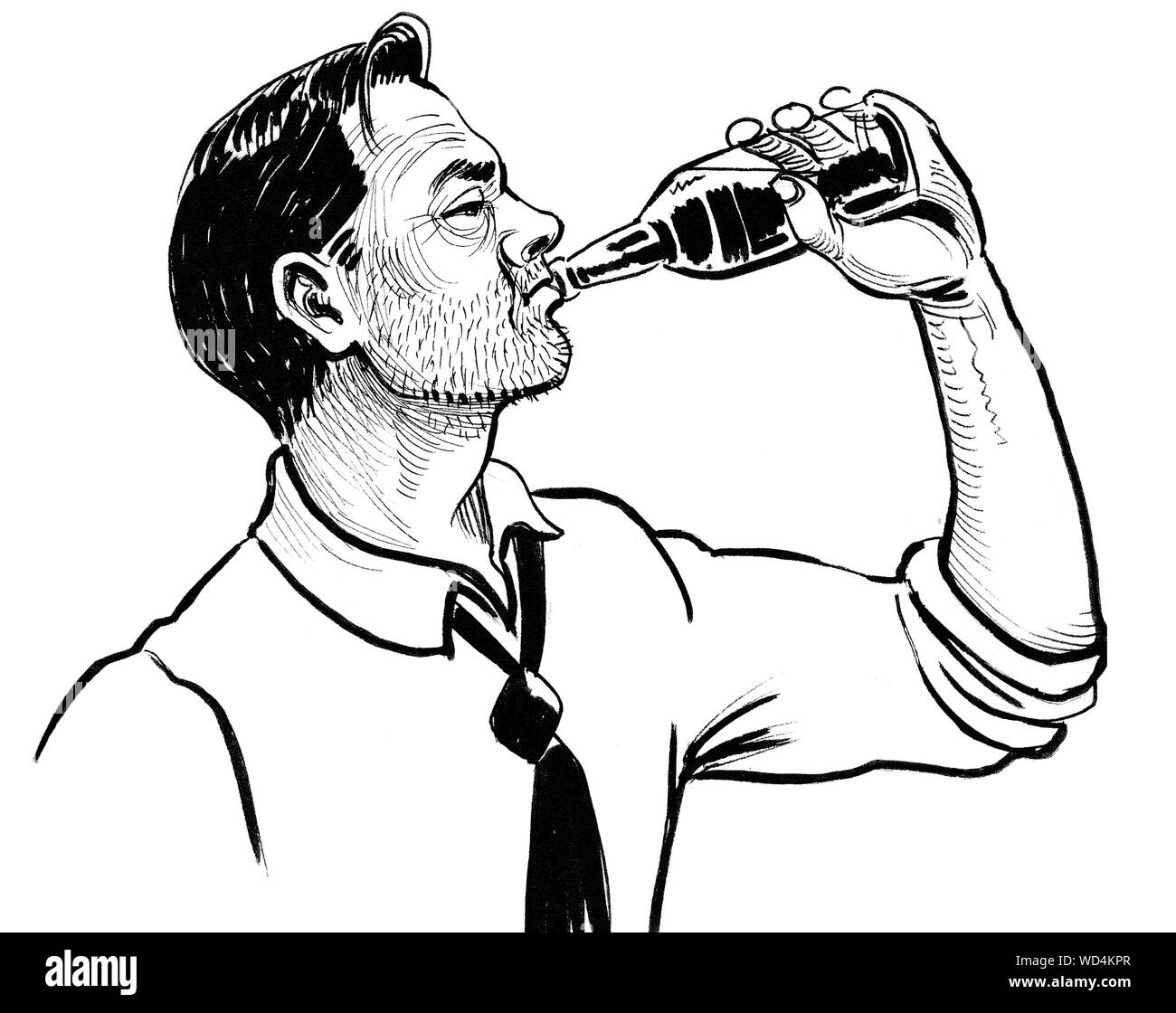 Uomo alcolica di bere una birra dalla bottiglia. L'inchiostro bianco e nero illustrazione Foto Stock