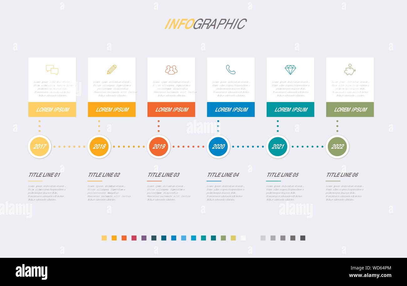Modello infografico. 6 fasi di design quadrato con bellissimi colori. Vettore di elementi di sequenza temporale per le presentazioni. Illustrazione Vettoriale