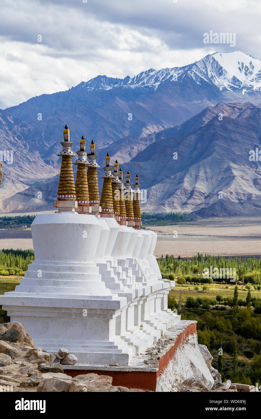 Molti buddisti stupa bianchi e Himalaya montagne sullo sfondo vicino al palazzo di Shey in Ladakh, India. Close up. Un famoso tempio tibetano in Ladakh, ho Foto Stock