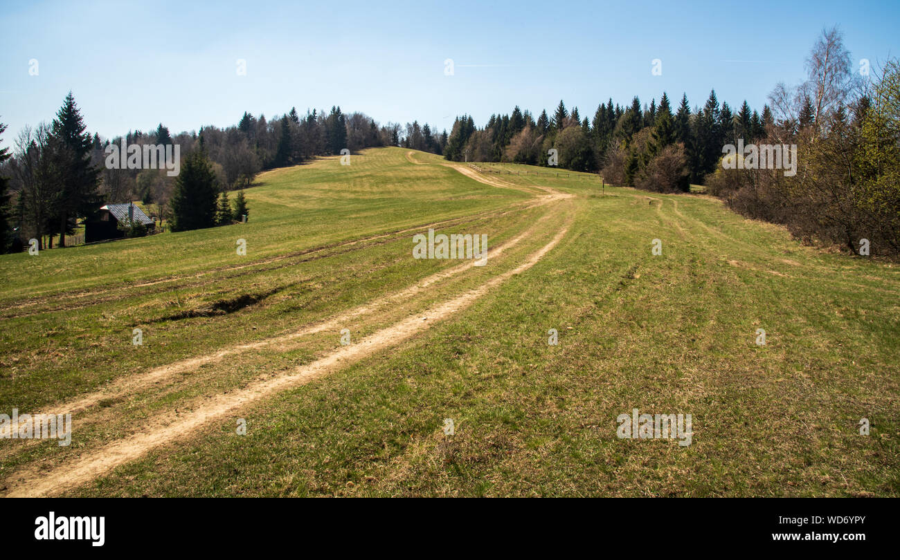Primavera prato di montagna con strada sporca, alberi intorno, casa isolata e cielo chiaro in Javorniky montagne in Slovacchia Foto Stock