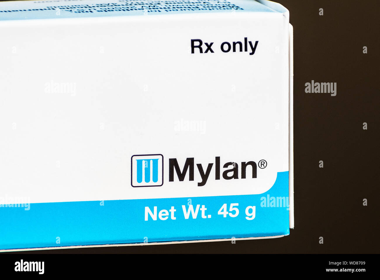 Agosto 28, 2019 Sunnyvale / CA / STATI UNITI D'AMERICA - Close up Mylan RX solo casella di medicina Foto Stock