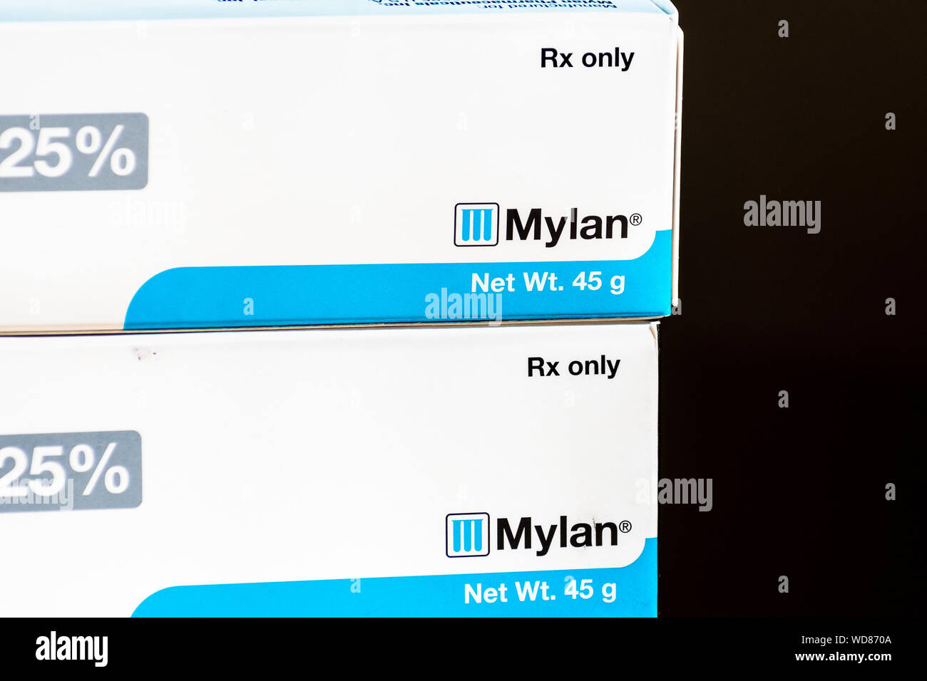 Agosto 28, 2019 Sunnyvale / CA / STATI UNITI D'AMERICA - Close up Mylan RX solo casella di medicina Foto Stock