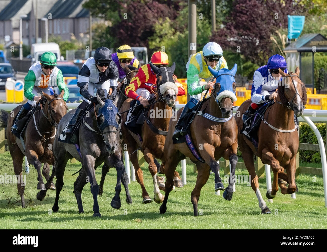 Il Catherine e Charlotte Roache Handicap, Musselburgh Racecourse, 28 agosto 2019. Vincitore Shane grigio (cappello verde/a sinistra dell'immagine) sulla società del Nord. Foto Stock