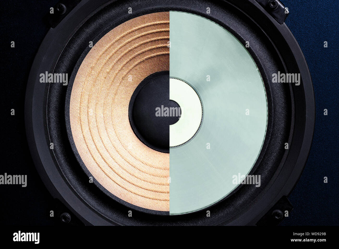 Registrazione di musica il concetto di produzione. Testa di altoparlante sovrastata da compact disc supporto di registrazione. Vecchia scuola tecnologia digitale Foto Stock