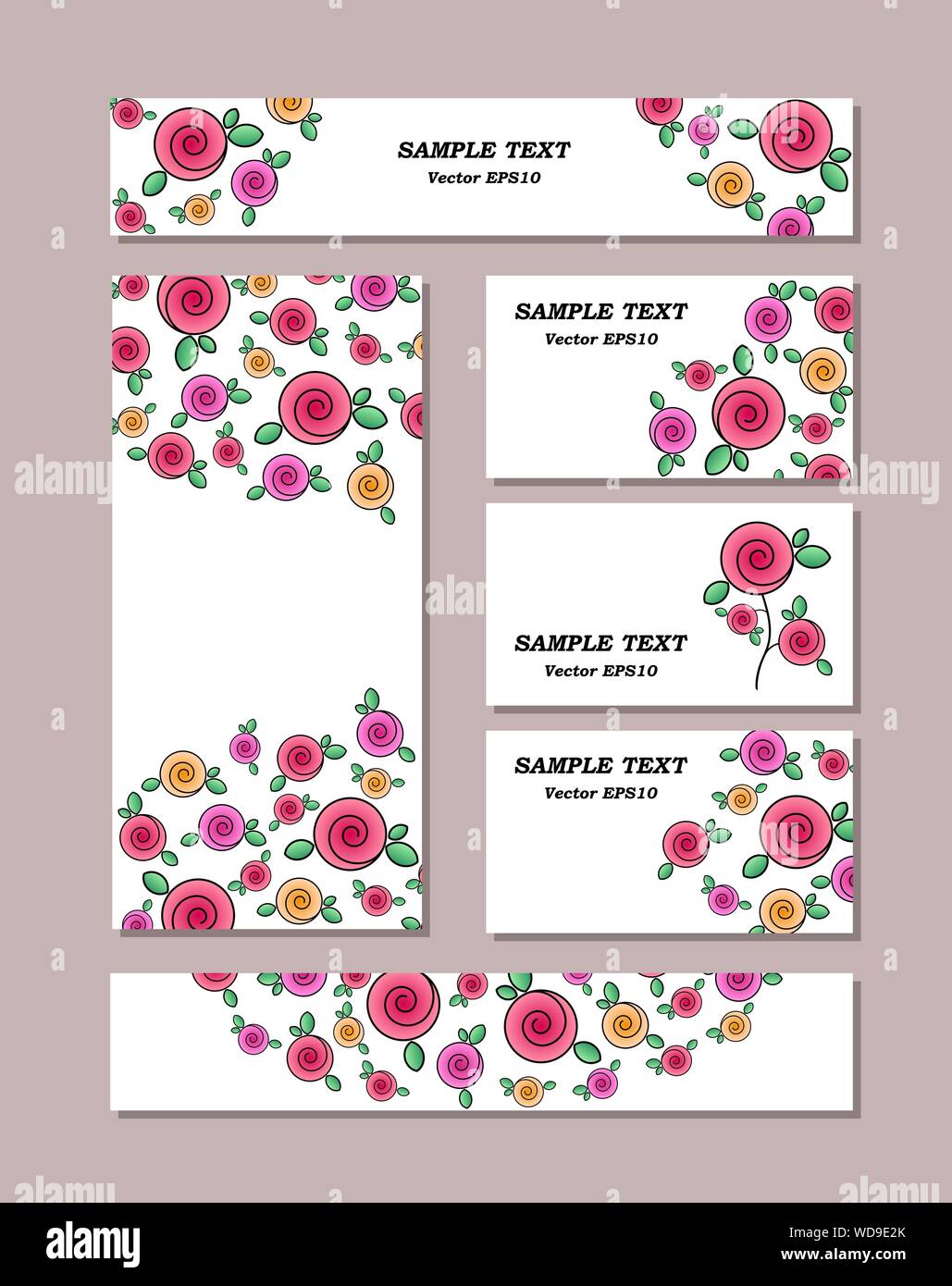 Fantasie floreali di diverse dimensioni con rose stilizzate, con bouquet di rose. Per i romantici e il design di pasqua. Illustrazione vettoriale EPS10 Illustrazione Vettoriale