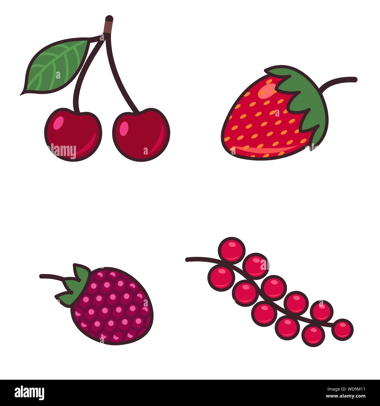 Colorata in stile fumetto illustrazione set di diversi tipi di frutti di bosco. Isolato su bianco. Illustrazione vettoriale EPS10 Illustrazione Vettoriale