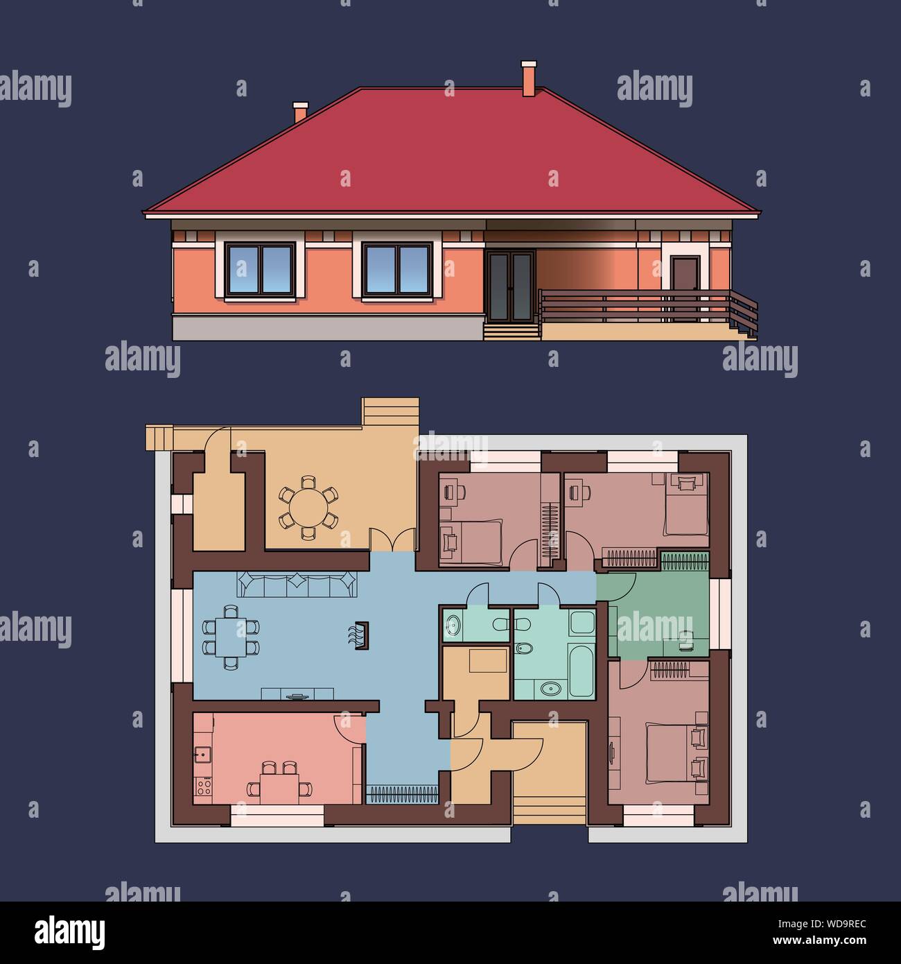 Facciata architettonica e la pianta di una casa. Opinioni dei singoli piani di cottage. Vettore illustrazione realistica su sfondo blu. EPS 10 Illustrazione Vettoriale