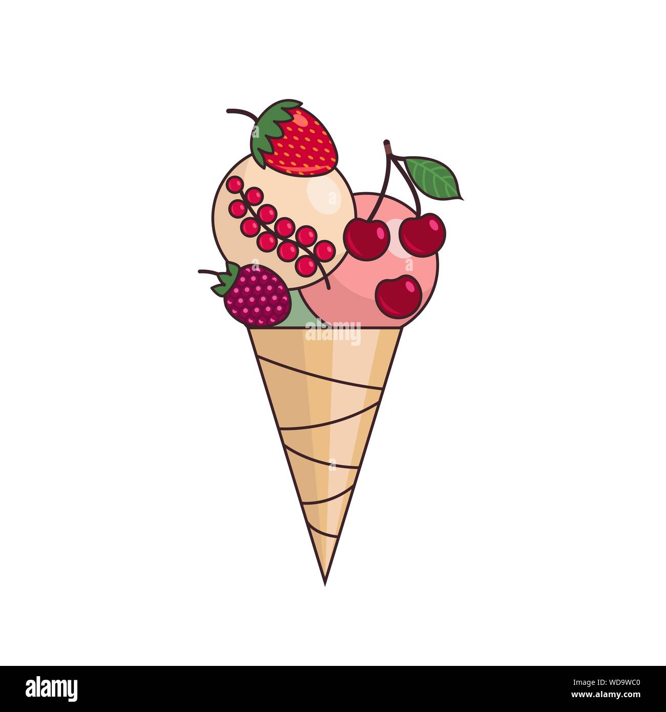 Cono gelato con diverse bacche. Isolato su bianco. Colorata illustrazione vettoriale EPS10 Illustrazione Vettoriale