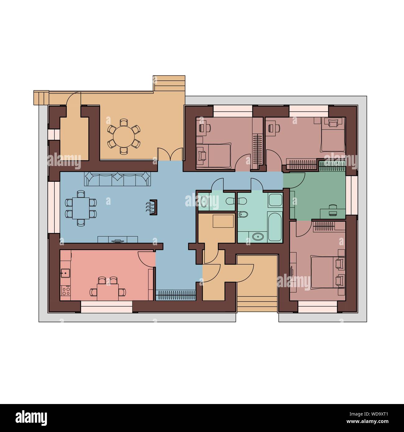 Progetto architettonico di una casa. Vista da sopra con mobili. Le camere cottage sono dipinte in modo diverso. Illustrazione Vettoriale. EPS10 Illustrazione Vettoriale
