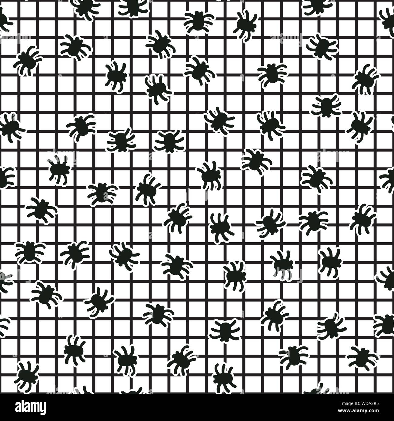 Modello senza giunture Vector Spiders per decorazioni di superficie Halloween. Griglia sfondo bianco e nero Illustrazione Vettoriale