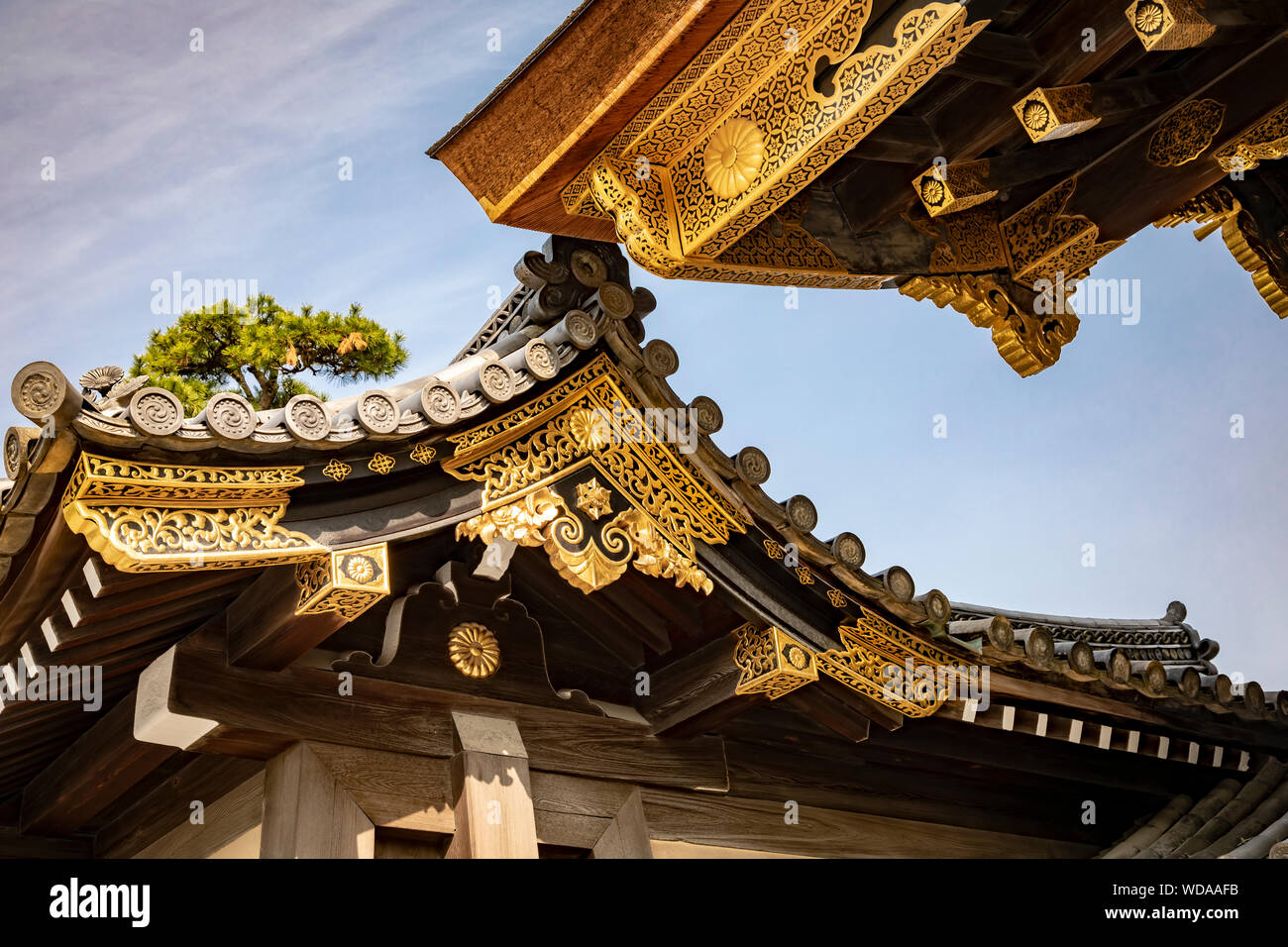 La decorazione del tetto degli edifici del Castello di Nijo / Palazzo Ninomaru, Kyoto, Giappone. Foto Stock