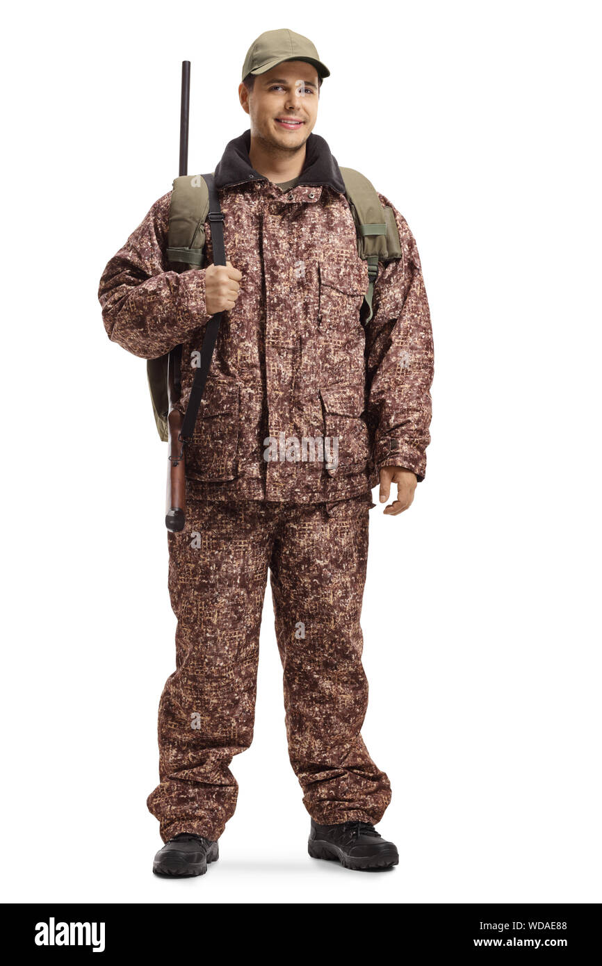 A piena lunghezza Ritratto di un cacciatore in un camuffamento uniforme isolati su sfondo bianco Foto Stock