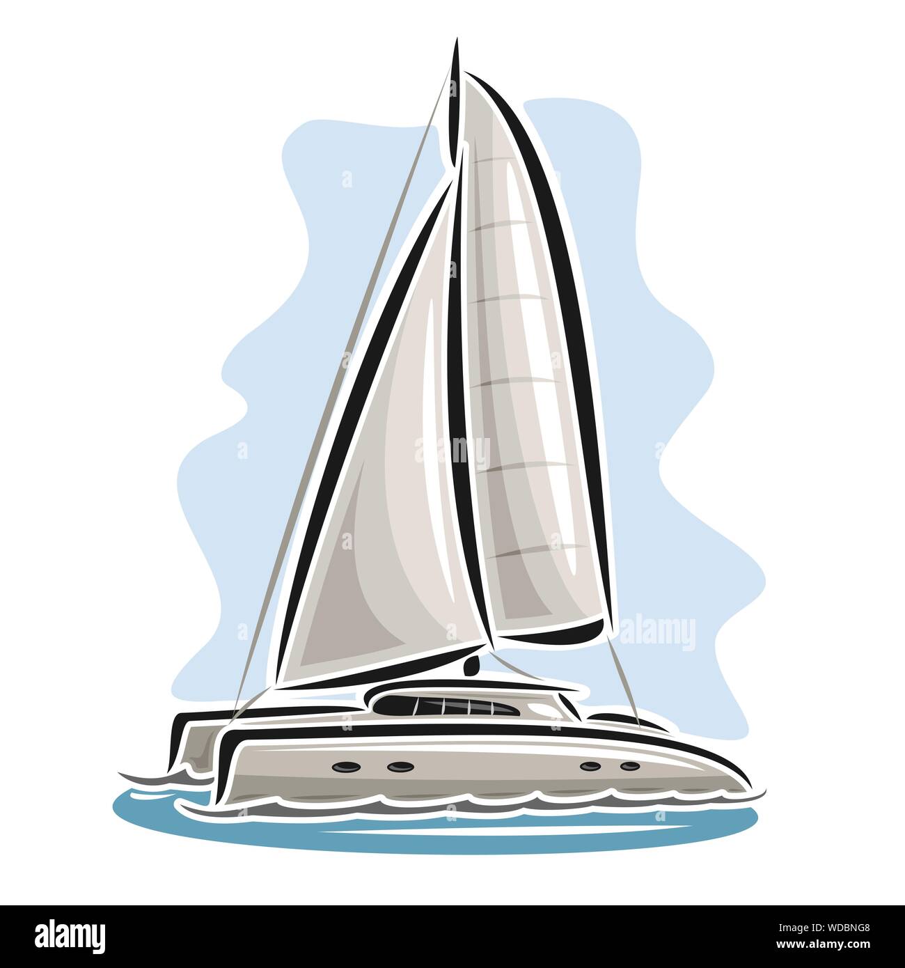 Il logo del vettore di catamarano a vela in mare, vista laterale. Illustrazione Vettoriale