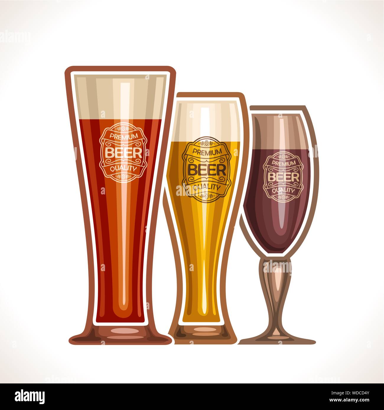 Il logo del vettore per la coppa di vetro di birra, consistente di tazze, riempito fino all'orlo di luce e buio porter, lager e pilsner su uno sfondo bianco. Su glas Illustrazione Vettoriale