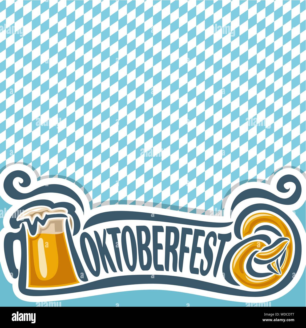 Poster del vettore per Oktoberfest Per il testo, la pinta di birra la tazza con il lager e pretzel. Oktoberfest bavarese pattern di bianco e blu con rombo. Illustrazione Vettoriale