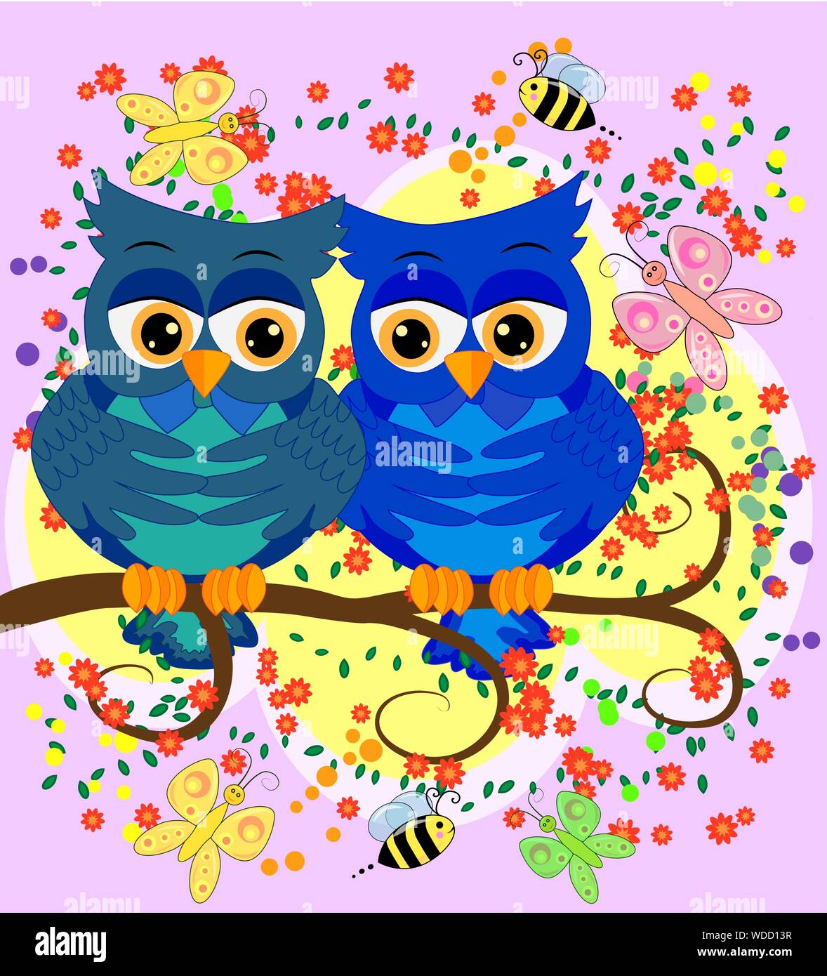 Due blue-eyed, Owl-owl-boys sedersi sulla fioritura il ramo di un albero, l'amore è nell'aria. Concetto di omosessuali amore maschio, cartolina Illustrazione Vettoriale