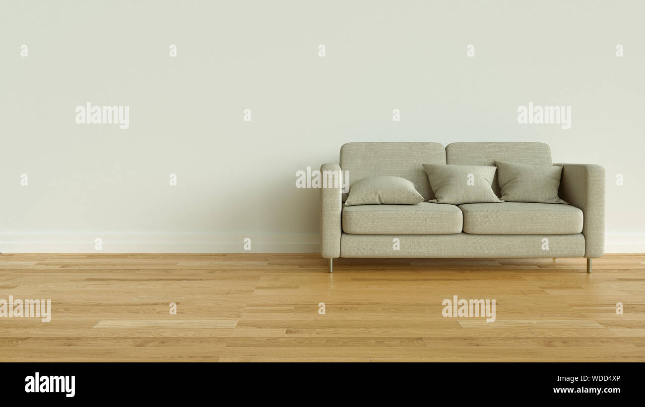 Camera luminosa con pavimento in parquet e divano moderno con rendering 3D Foto Stock