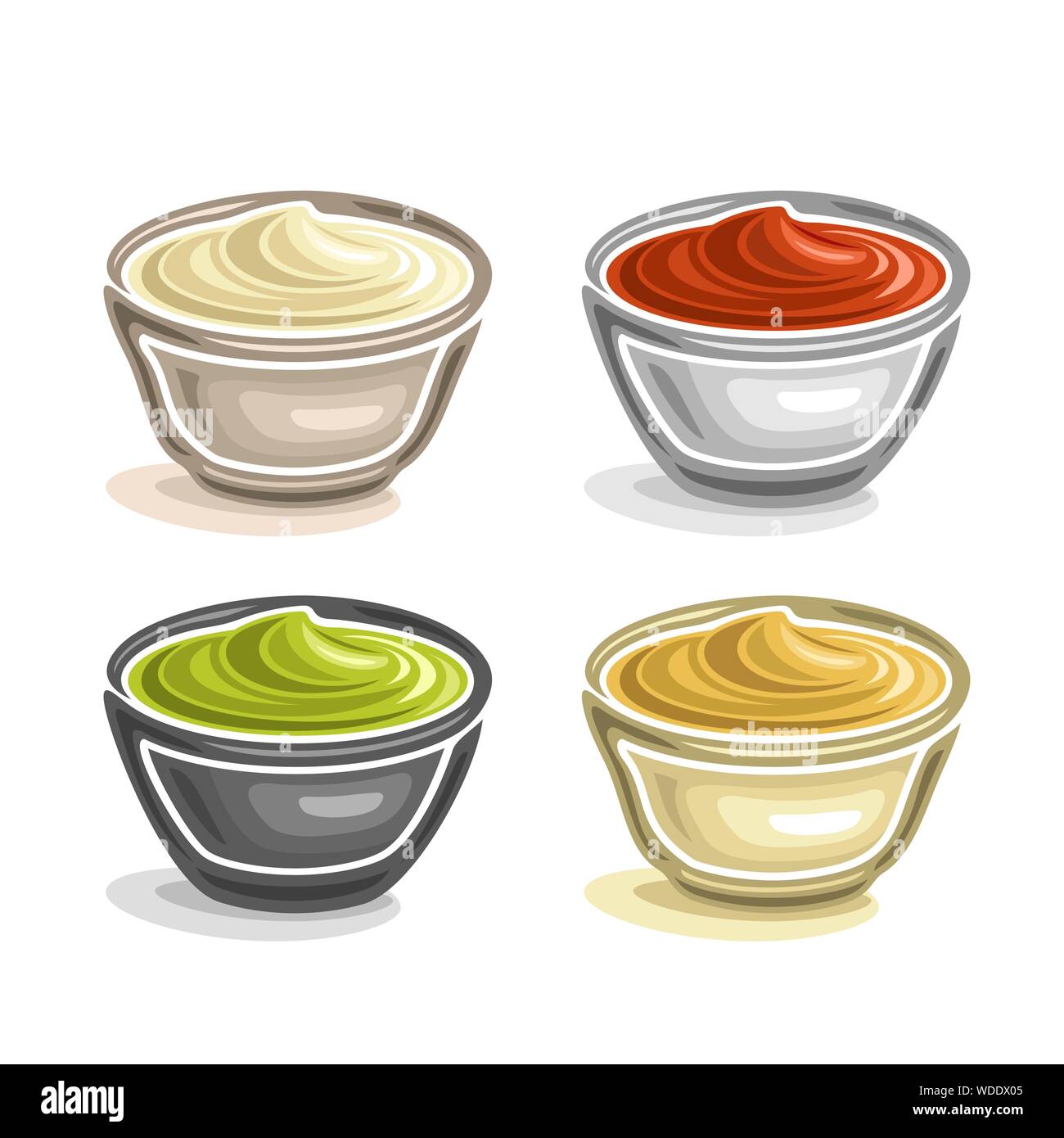 Vector set di DIP bocce, riempito diversi fatti in casa condimento di salsa di pomodoro e salsa piccante, quattro coppe con crema di stagionatura isolati su sfondo bianco Illustrazione Vettoriale