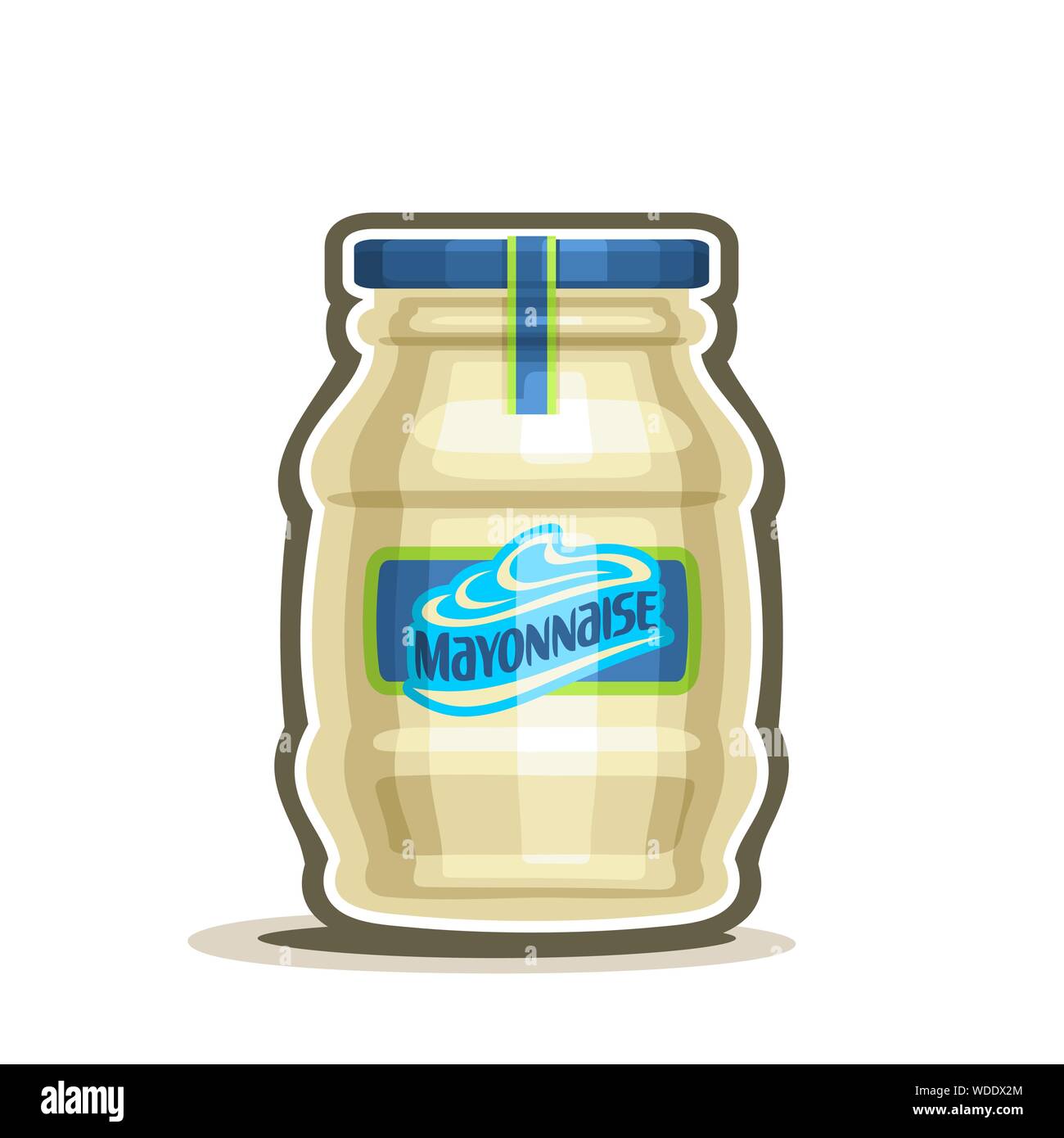 Vettore grande vaso di maionese, il contenitore con il bianco pallido mayo con tappo blu ed etichetta, vaso di vetro con salsa provenzale close-up su sfondo bianco, jar Illustrazione Vettoriale