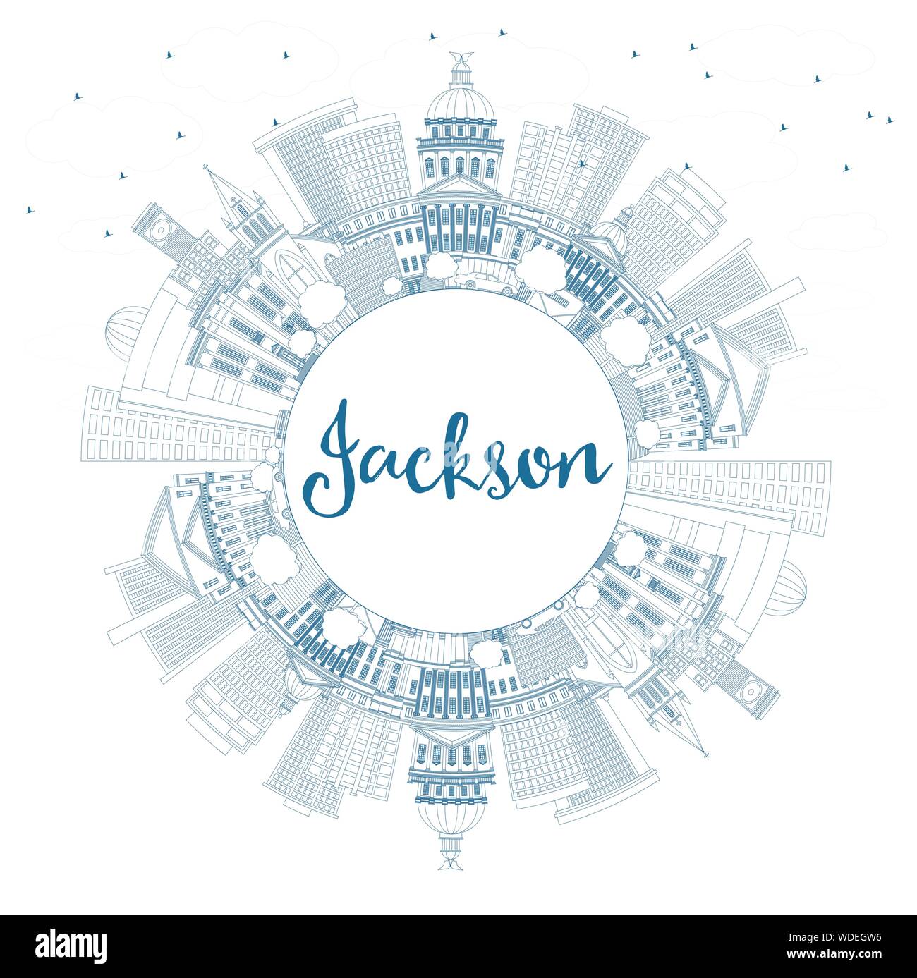 Delineare Jackson Mississippi skyline della città con edifici blu e copia di spazio. Illustrazione Vettoriale. Il concetto di turismo con architettura storica. Jackson. Illustrazione Vettoriale