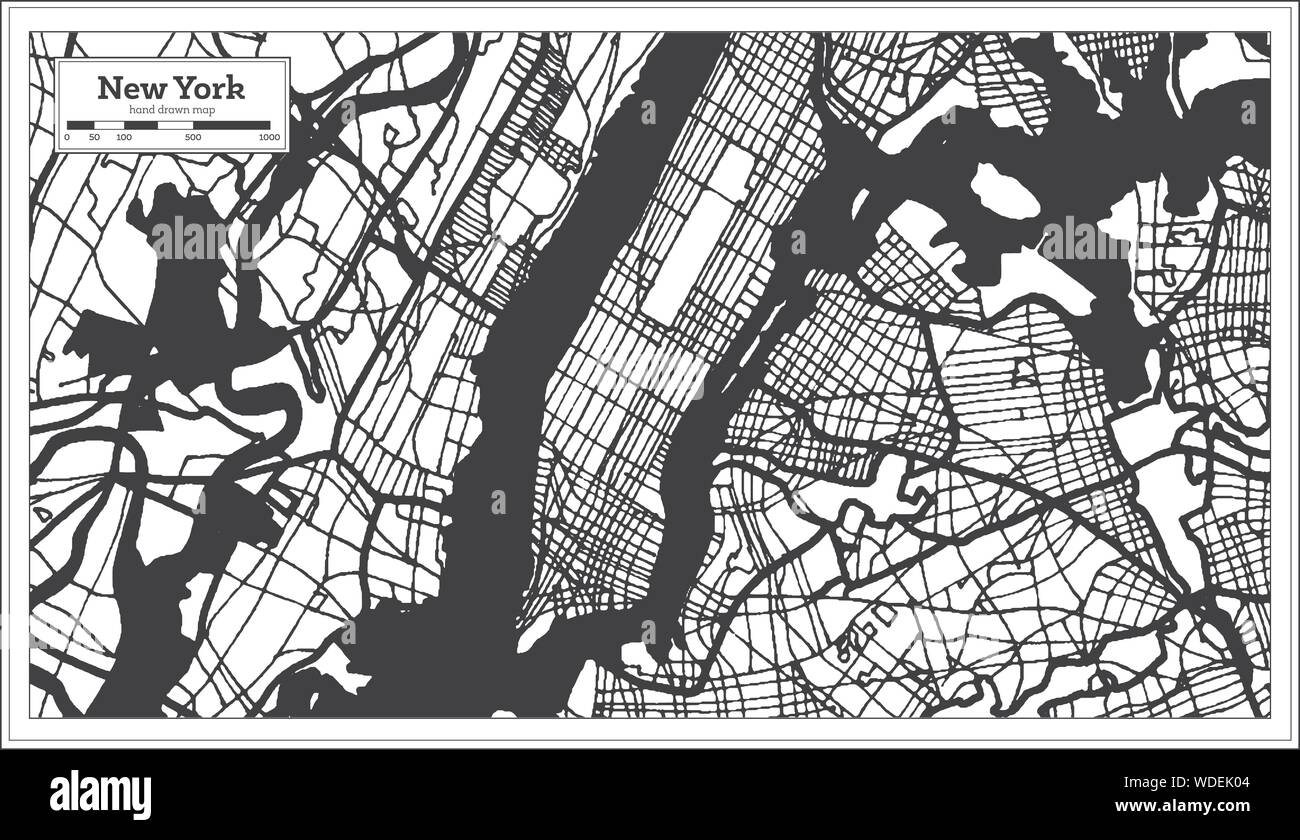 New York STATI UNITI D'AMERICA Mappa della città in bianco e nero e a colori. Illustrazione Vettoriale. Mappa di contorno. Illustrazione Vettoriale