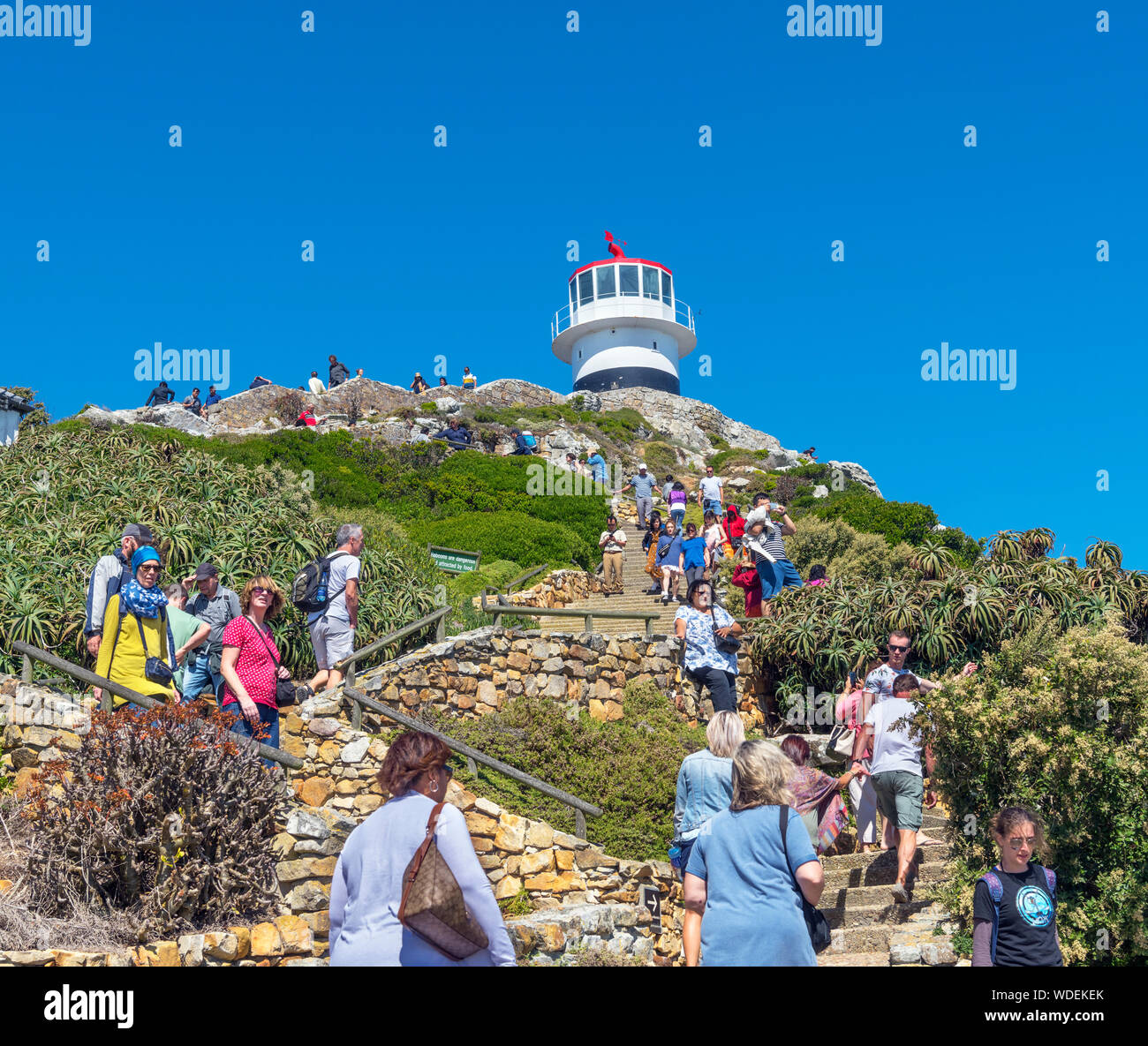 I turisti salendo la scalinata fino alla vecchia Cape Point Lighthouse, Capo di Buona Speranza, Western Cape, Sud Africa Foto Stock