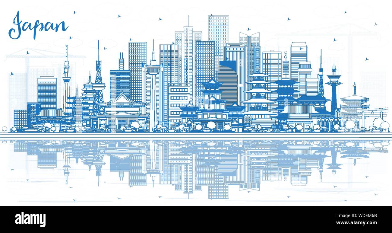 Profilo Benvenuto in Giappone Skyline con edifici blu e riflessi. Illustrazione Vettoriale. Il concetto di turismo con architettura storica. Illustrazione Vettoriale