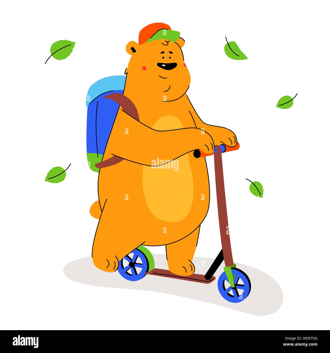 Simpatico orso bruno su uno scooter - piatto stile design illustrazione Illustrazione Vettoriale