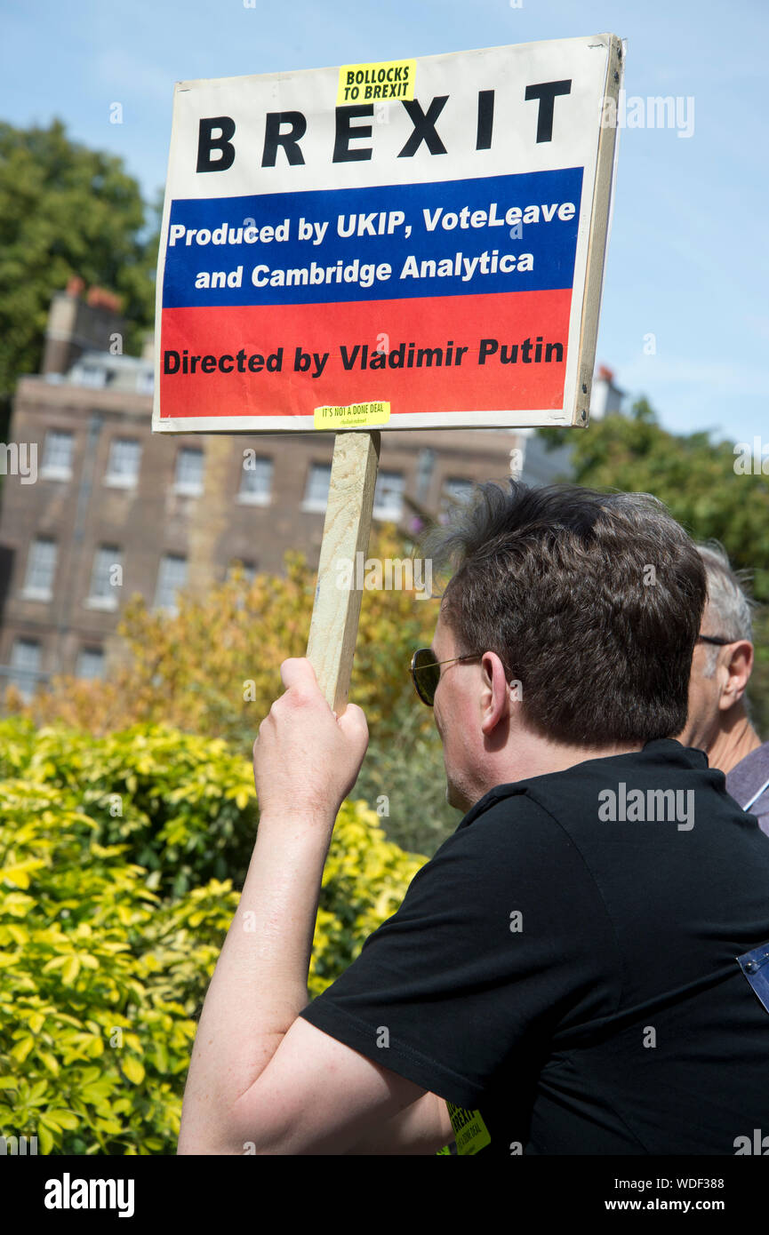 Whitehall, 29 agosto 2019. Resta la protesta il giorno dopo Boris Johnson annuncia la proroga del Parlamento. Foto Stock