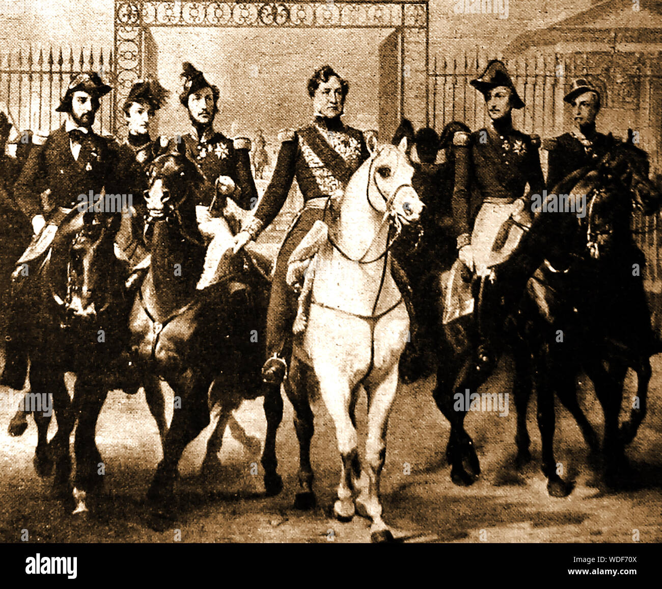 La casa reale di Orleans - Re Louis Philippe I di Francia (1773-1850), con i suoi cinque figli, il duca di Nemours, duca d'Orleans, duca di Joinville, duca di Aumale, & il Duca di Montpensier, lasciando il palazzo di Versailles a cavallo. Il Re è stato anche il Gran Maestro della Legion d'onore,Gran Maestro dell'Ordine della croce di luglio,Gran Cordone in ordine di Leopoldo e di cavaliere di ordini di elefante, Vello d'Oro, San Gennaro e il British Ordine della Giarrettiera. Foto Stock