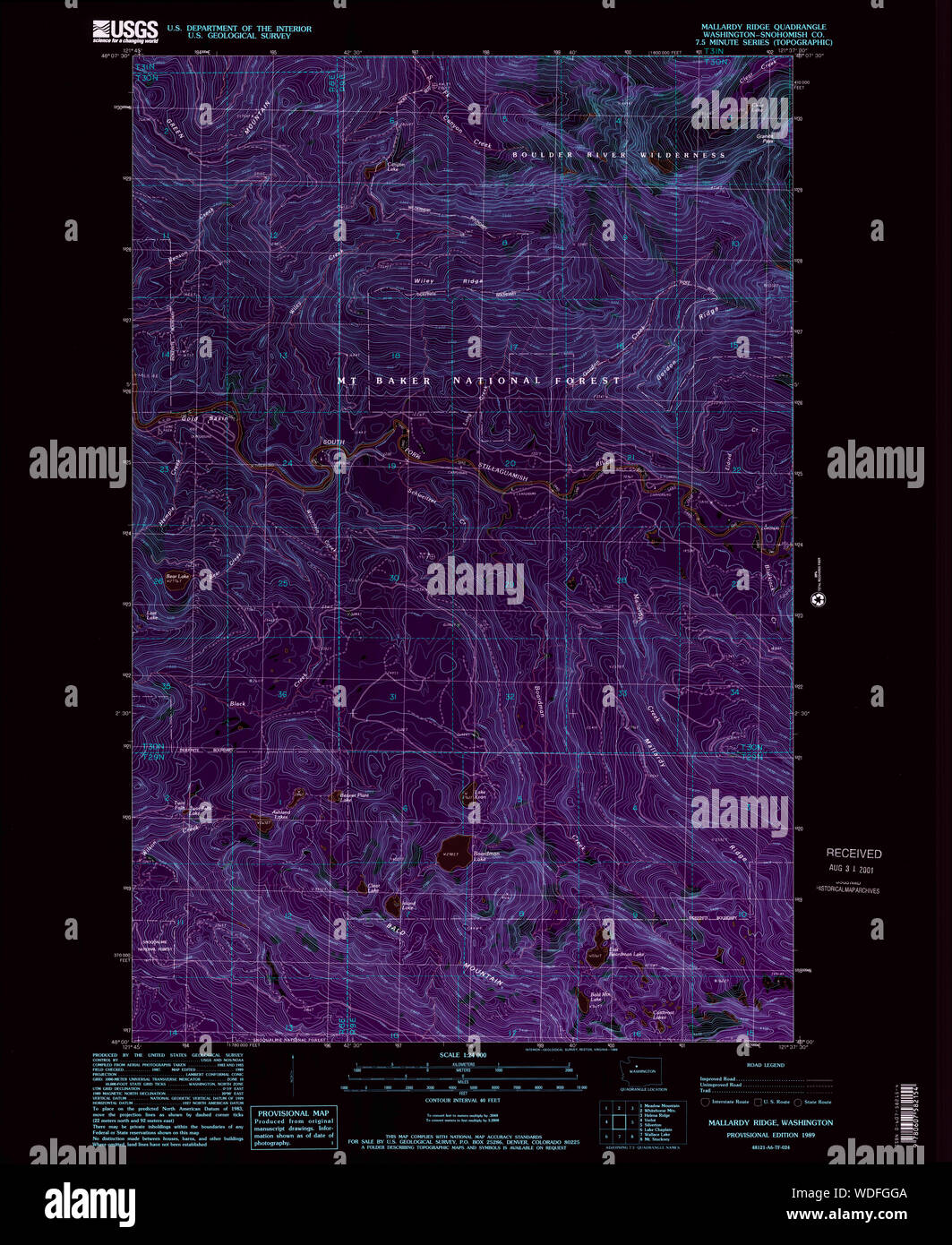 USGS TOPO Map Stato di Washington WA Mallardy Ridge 242144 1989 24000 Restauro invertito Foto Stock
