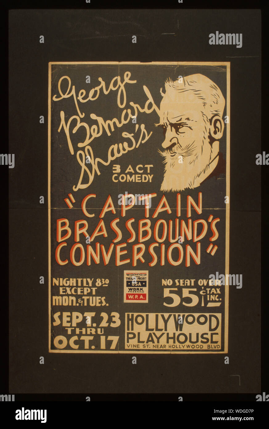George Bernard Shaw's 3 atto di commedia capitano Brassbound conversione dell'Abstract: Poster per teatro federale presentazione progetto del capitano Brassbound della conversione all'Hollywood Playhouse, Vigna San vicino a Hollywood Bvld., Los Angeles, California, mostrando busto ritratto di Bernard Shaw. Foto Stock