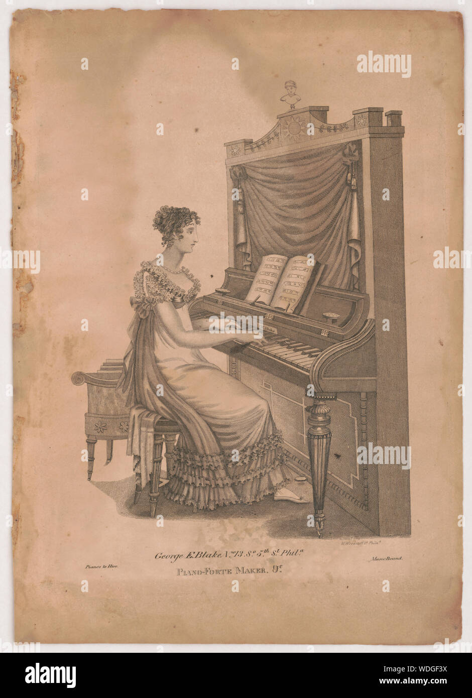 George E. Blake n. 13, So. 5° San Phila. Piano-forte maker. &C / W. Woodruff sc. Philad. Abstract/medio: 1 stampa : incisione 28 x 21 cm (piastra), 33 x 23,5 cm (foglio) Foto Stock