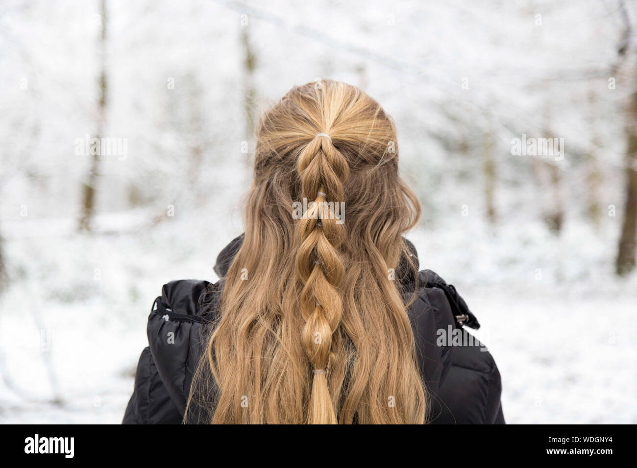 Close-up vista posteriore di donna con capelli biondi Foto Stock