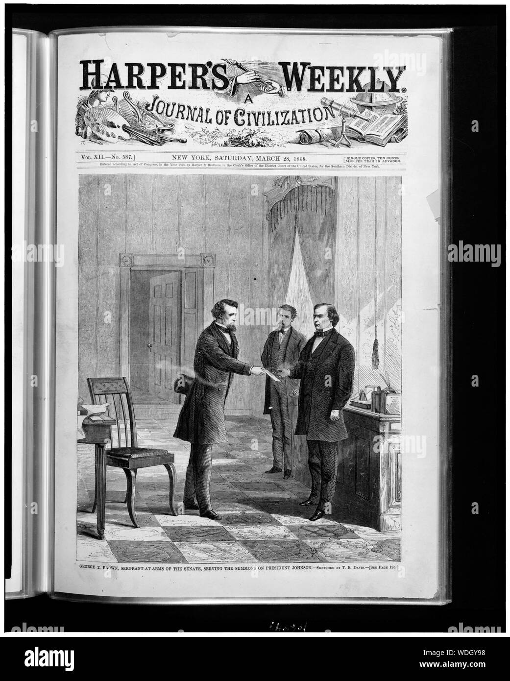 George T. Brown, sergente-at-arms, servendo la citazione del Presidente Johnson / abbozzato da T.R. Davis. Abstract/medio: 1 stampa : incisione su legno. Foto Stock