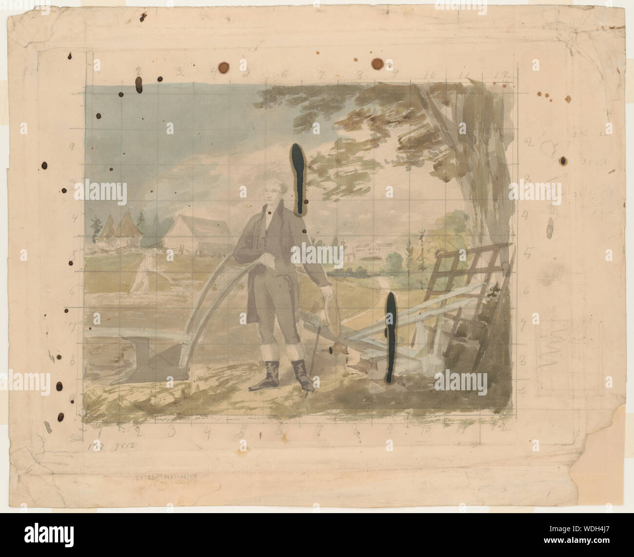George Washington si trova in corrispondenza di un aratro, con Mount Vernon in background Abstract/medio: 1 disegno : acquerello e grafite su carta intessuta foglio 35,4 x 45,4 cm. Foto Stock