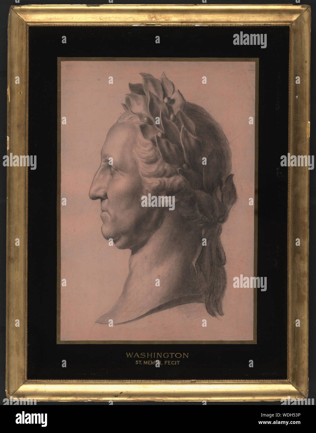 George Washington, busto ritratto con corona di alloro, rivolto verso sinistra Abstract/medio: 1 disegno : nero e bianco gesso. Foto Stock
